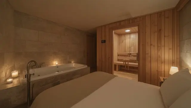 Illustration générée, pas une photo — Love room Cottage Interieur Spa classé 4 étoiles à Tannay
