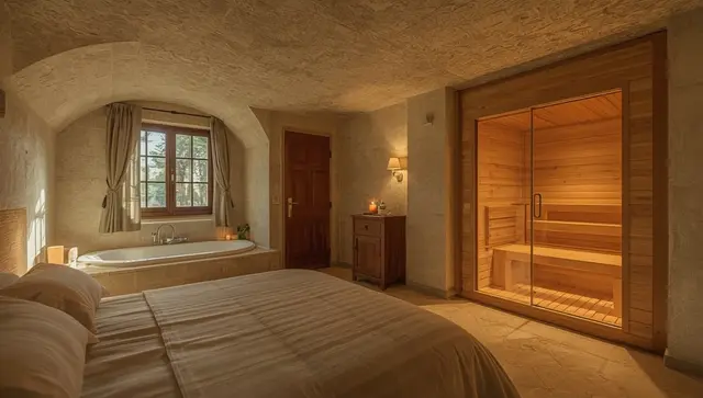 Illustration générée, pas une photo — Love room Loire Valley Lodge - Lodges design avec jacuzzi privé en terrasse - Sixtie’s à Esvres-sur-Indre